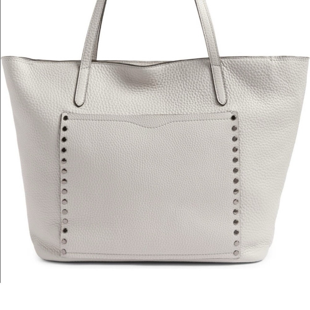 REBECCA MINKOFF LARGE UNLINED FRONT POCKET STUDDED TOTE LEATHER GRAY PURSE